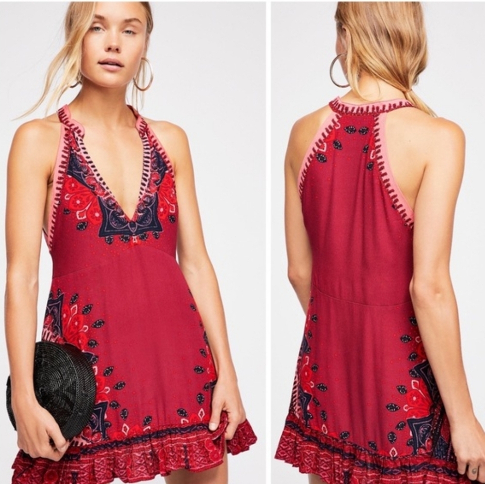 Free People Steal The Sun Halter Mini Dress Ruffle Hem Cutout Swingy Red Md NWT - Picture 16 of 16